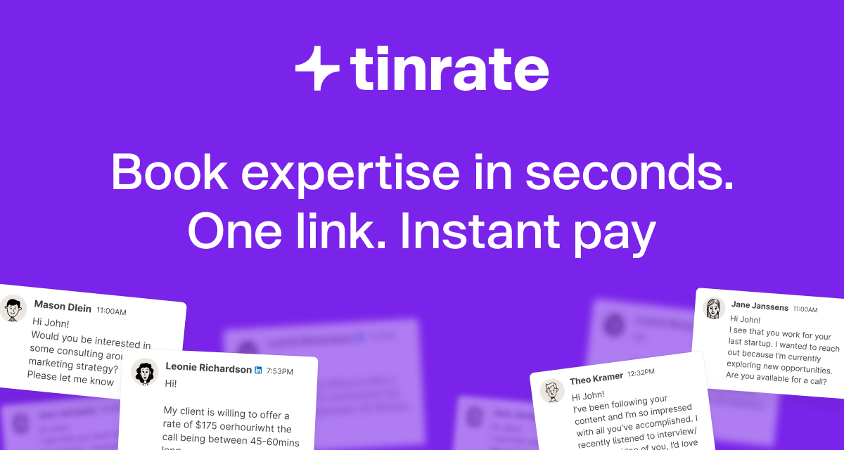 Tinrate website en merkbeeld door Customer Impact: het tinrate-woordmerk met de belofte boek expertise in seconden