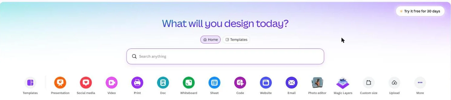 Startscherm van Canva met de vraag What will you design today, een zoekbalk, snelkoppelingen voor presentatie, social media, video, document en website, en een knop Try it free for 30 days.