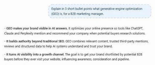 ChatGPT free answer to a GEO prompt with three bullets and bold lead lines but no sources, showing why AI content marketing needs a human fact-check
