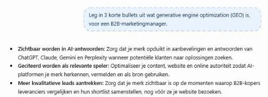 Gratis antwoord van ChatGPT op onze GEO-vraag: exact drie bullets met vetgedrukte koppen over zichtbaar worden in AI-antwoorden, geciteerd worden als relevante speler en meer kwalitatieve leads, zonder bronnen.