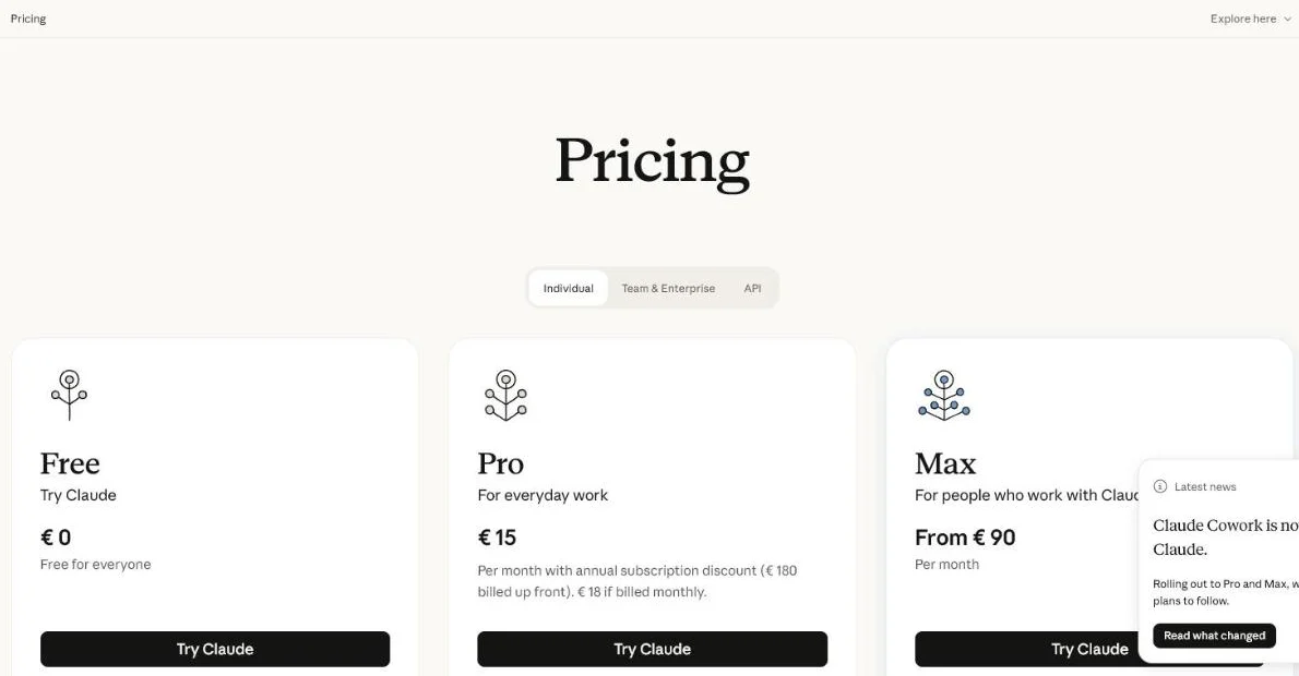 Prijspagina van Claude met het gratis plan: webzoeken, geheugen, Artifacts en tot 5 projecten, naast Pro aan 20 dollar per maand.