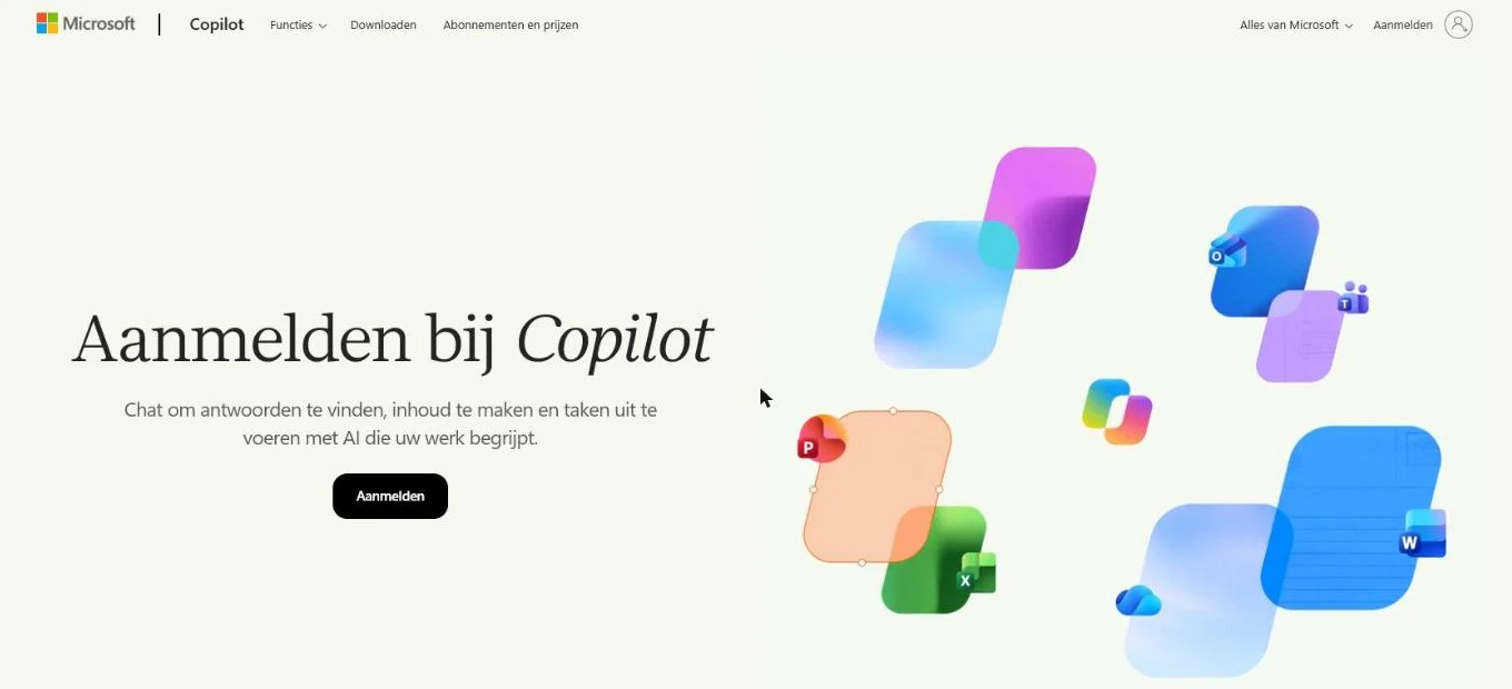 Nederlandstalige pagina Aanmelden bij Copilot van Microsoft, met de tekst Chat om antwoorden te vinden, inhoud te maken en taken uit te voeren met AI die uw werk begrijpt, en een knop Aanmelden.