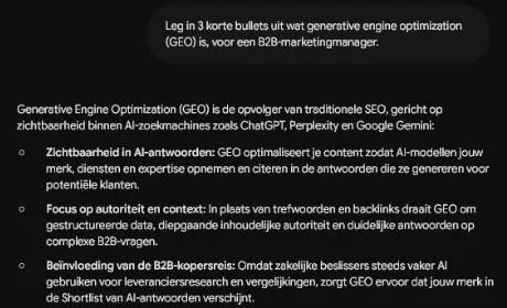 Antwoord van Gemini op onze GEO-vraag in donkere modus: een introzin die GEO de opvolger van traditionele SEO noemt, gevolgd door drie vetgedrukte bullets over zichtbaarheid in AI-antwoorden, autoriteit en context, en de B2B-koopreis, zonder bronnen.