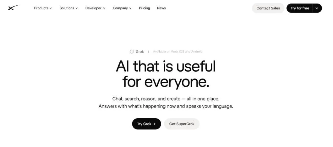 The Grok homepage on x.ai: the headline AI that is useful for everyone, the line Answers with what's happening now and speaks your language, and the buttons Try Grok and Get SuperGrok.