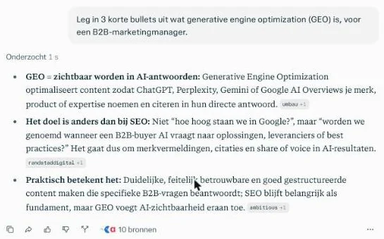 Gratis antwoord van Perplexity op onze GEO-vraag: drie bullets met na elke bullet een bronlabel, en onderaan 10 bronnen.