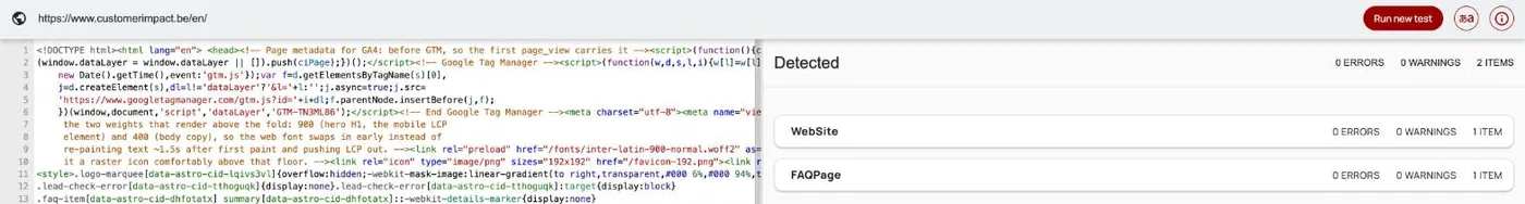 Schema Markup Validator result for the customerimpact.be English homepage listing the detected structured data types
