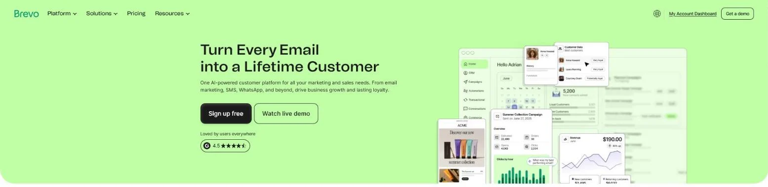 Homepage van Brevo die één AI-gestuurd klantplatform voor e-mailmarketing, sms en WhatsApp beschrijft