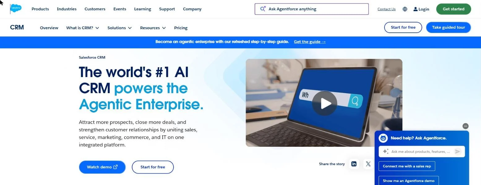 Salesforce CRM homepage with Start for free, Watch demo, Take guided tour and Contact Us buttons, an example of the place P in the marketing mix: several easy ways in