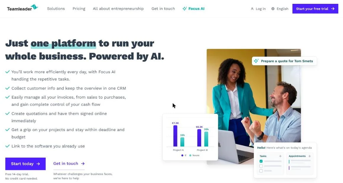 Homepage van Teamleader met CRM, offertes, facturatie en projectbeheer in één platform, een compacte martech-stack voor een klein B2B-team