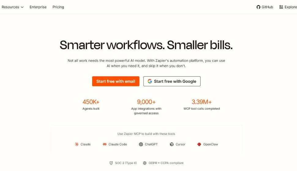 Homepage van Zapier met de kop Smarter workflows. Smaller bills. en 9,000+ app integrations, een tussenlaag om leads uit Lead Ads aan je CRM en e-mail te koppelen
