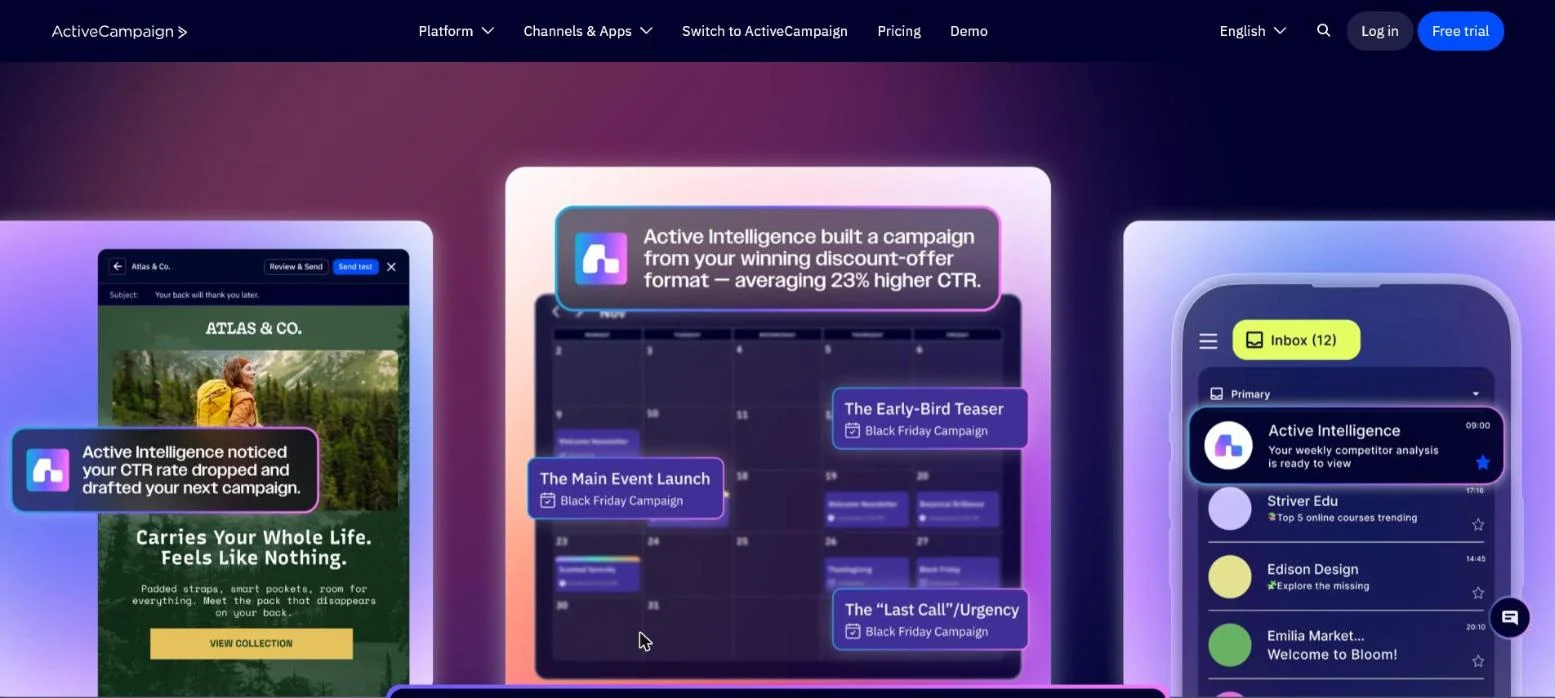 ActiveCampaign homepage presenting its email marketing and automation platform