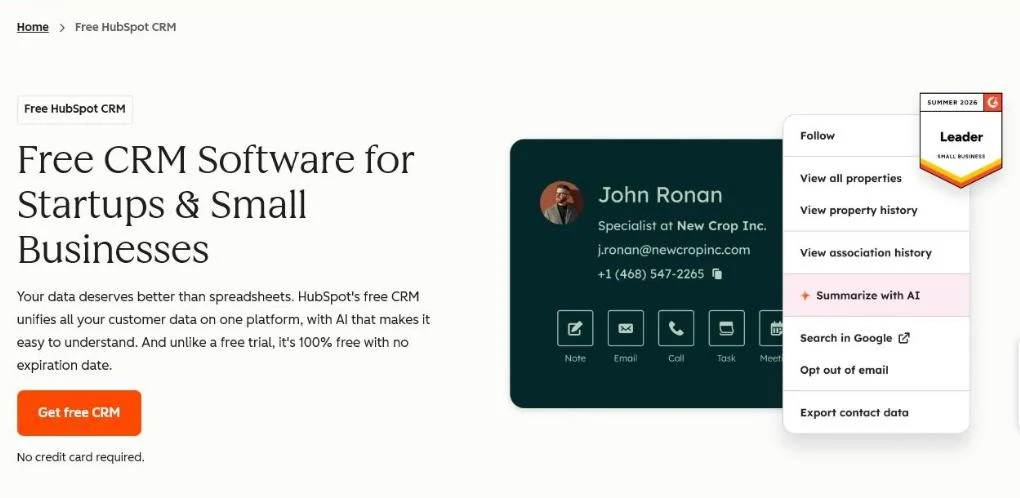 HubSpot homepage presenting its customer platform with a free CRM sign-up button