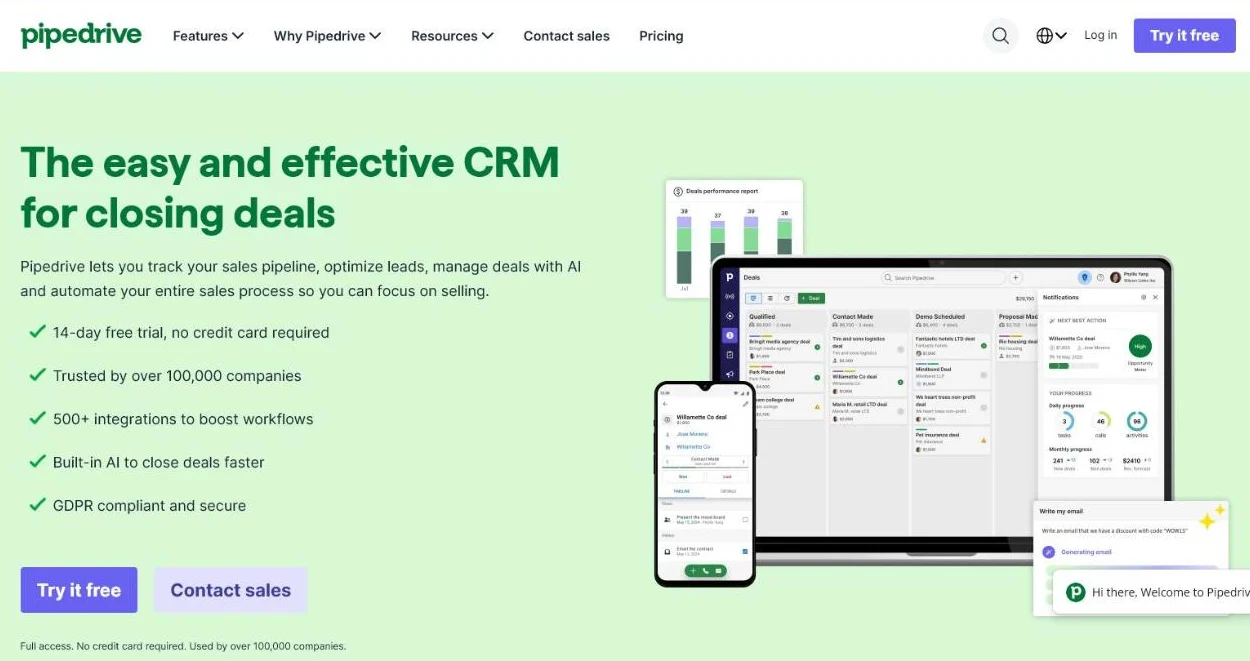 Pipedrive homepage showing its sales pipeline CRM and free trial button