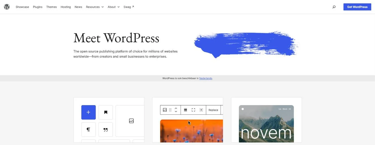 WordPress.org homepage presenting the open source publishing platform, one CMS that can host native language versions in their own subdirectories for multilingual SEO