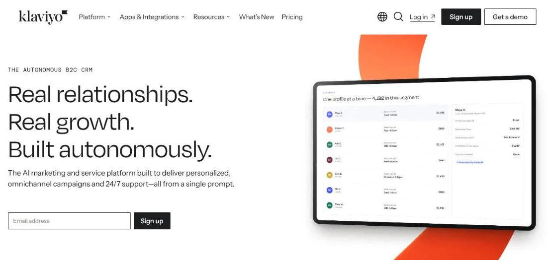 Klaviyo homepage presenting its marketing platform for online stores