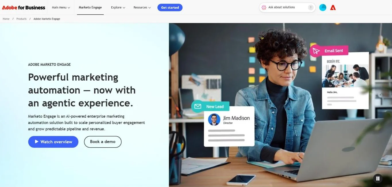 Adobe Marketo Engage product page presenting B2B marketing automation