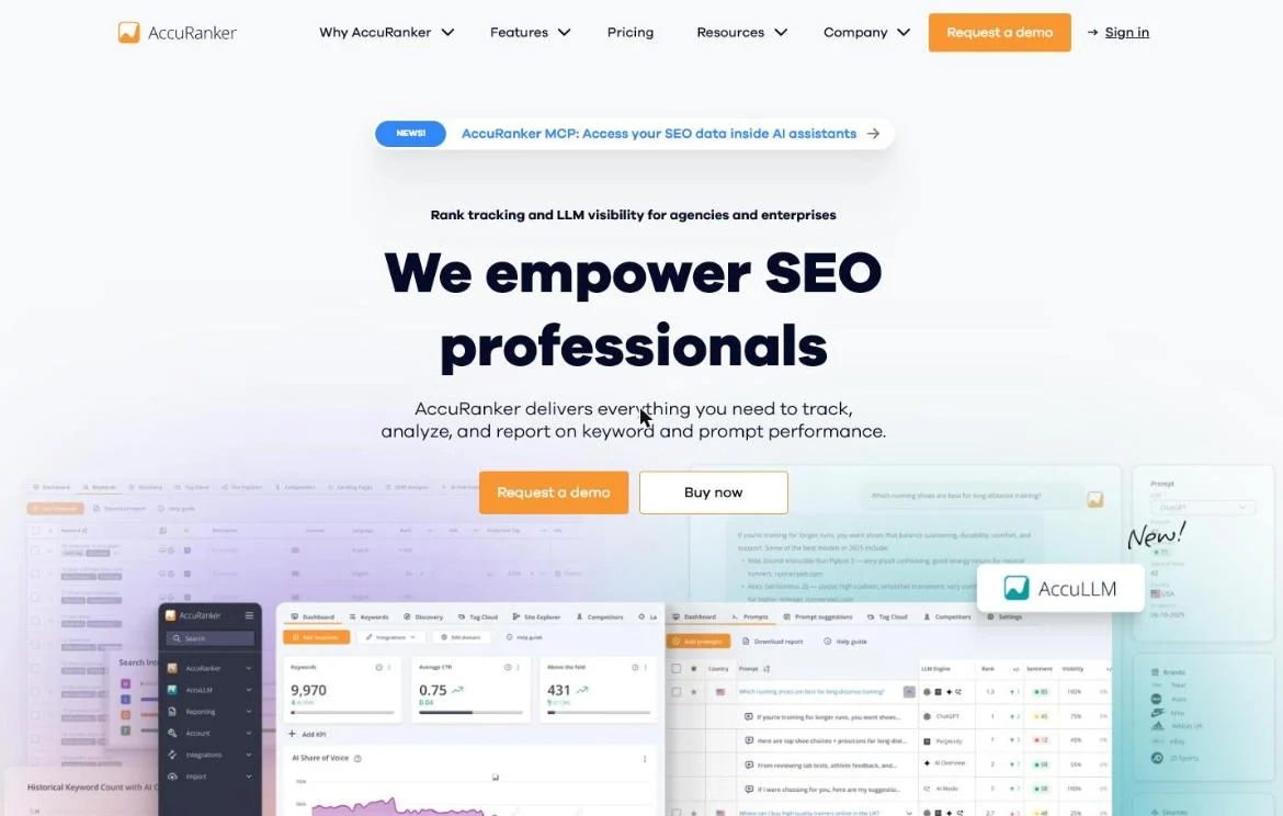 Homepage van AccuRanker: rank tracking en LLM-zichtbaarheid voor bureaus en grote bedrijven, met een dashboard en een grafiek van AI share of voice.