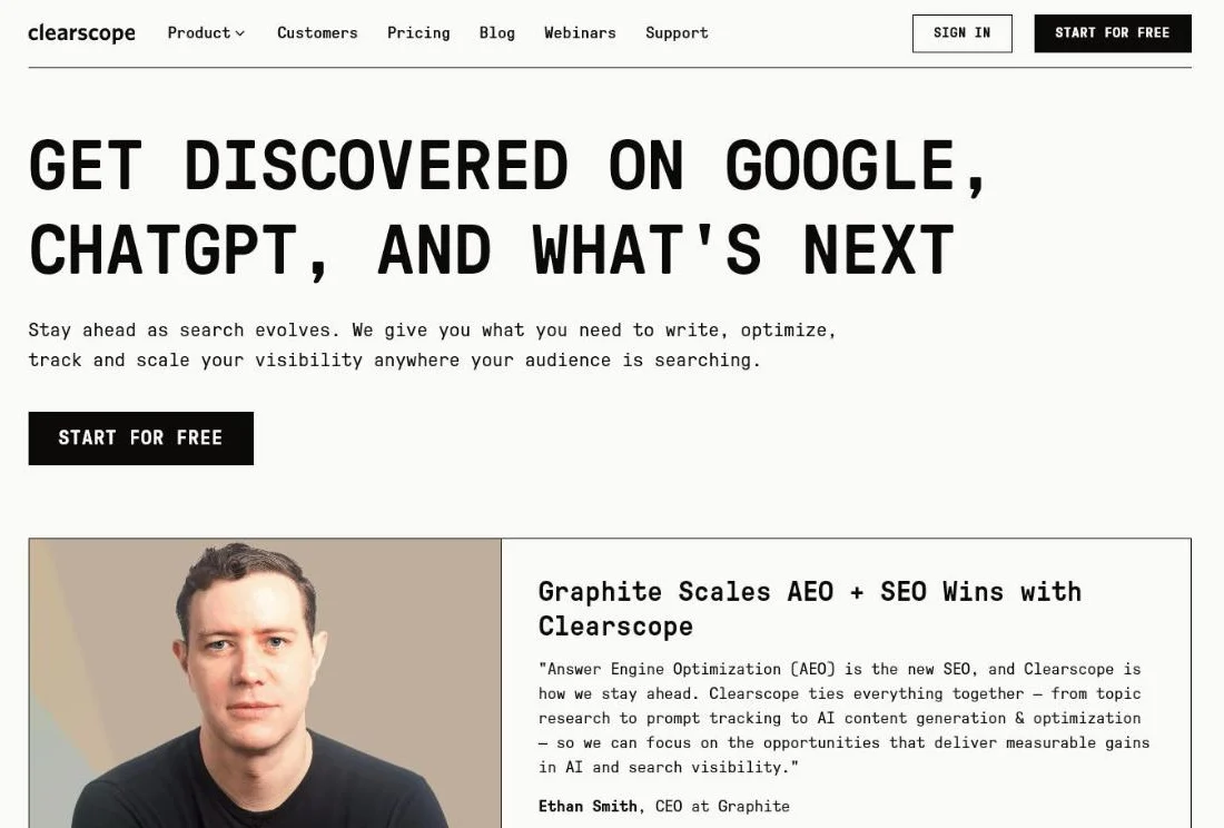 Homepage van Clearscope: word gevonden op Google, ChatGPT en wat daarna komt, met een knop om gratis te starten.