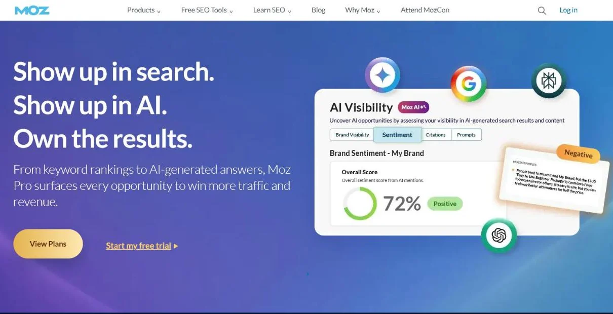 Homepage van Moz met Moz Pro en een AI Visibility-dashboard dat een sentimentscore voor het merk van 72 procent toont.