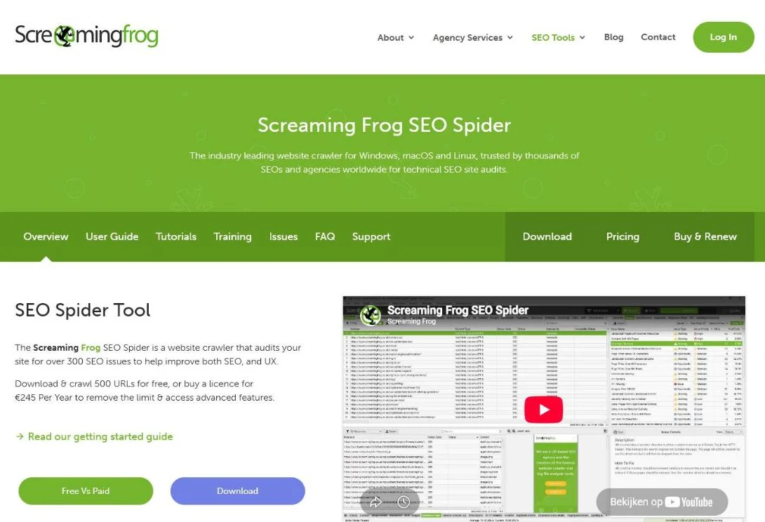 Productpagina van Screaming Frog SEO Spider: crawl 500 URL's gratis of koop een licentie voor 245 euro per jaar.