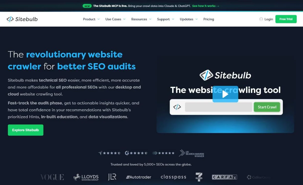 Homepage van Sitebulb: de website-crawler voor SEO-audits met geprioriteerde hints, ingebouwde uitleg en datavisualisaties, op desktop en in de cloud.