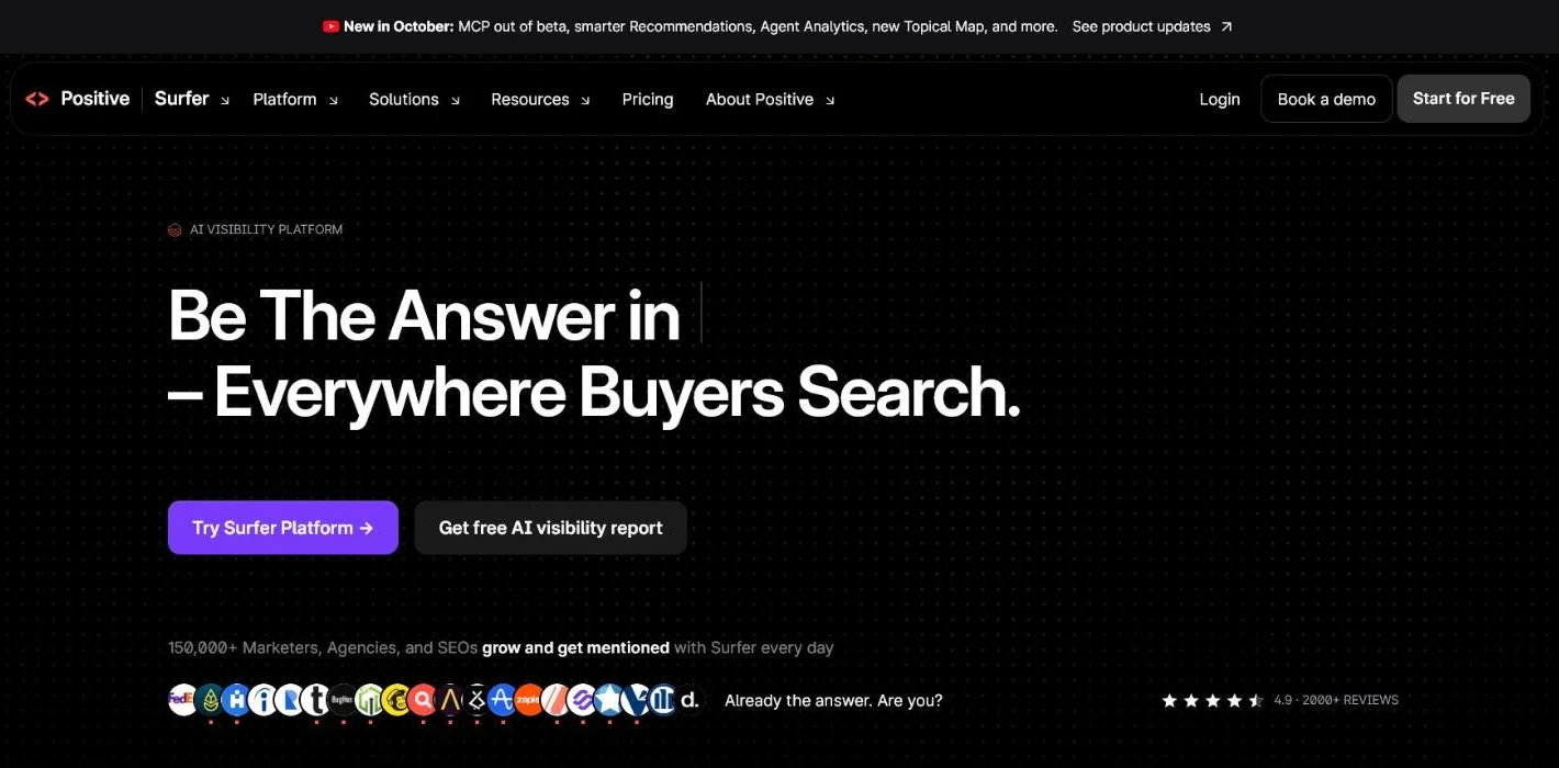 Homepage van Surfer, nu onder de naam Positive Surfer, die zich voorstelt als platform voor AI-zichtbaarheid, gebruikt door meer dan 150.000 marketeers, bureaus en SEO'ers.