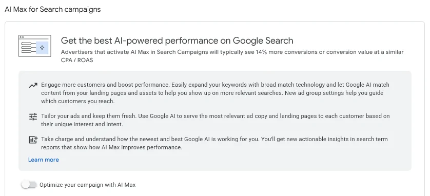 AI Max for Search campaigns section in Google Ads campaign settings, with the "Optimize your campaign with AI Max" toggle switched off