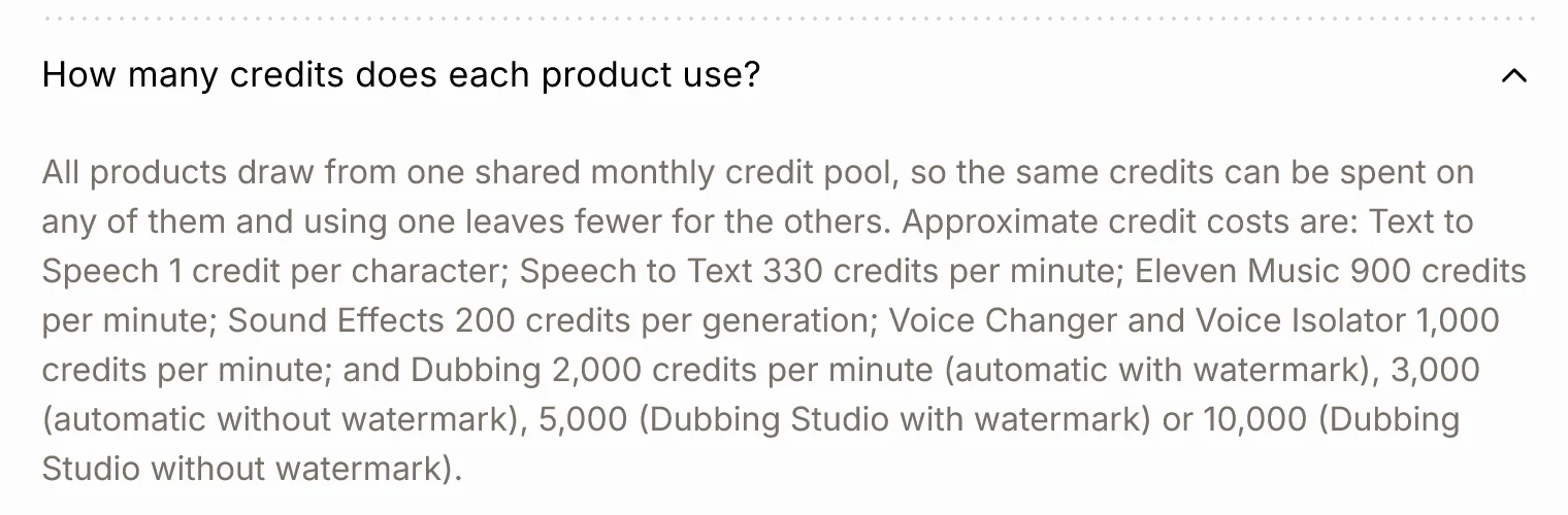 ElevenLabs credit usage overview: Text to Speech 1 credit per character, Speech to Text 330 credits per minute, Dubbing 2,000 to 10,000 credits per minute