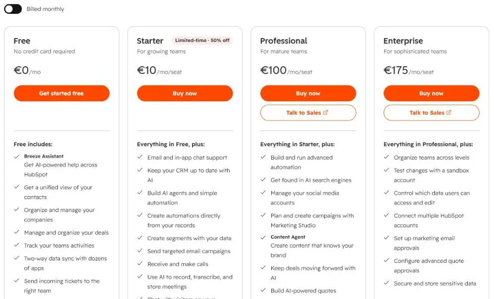 HubSpot pricing page in euros, billed monthly: Free at €0, Starter at €10 per seat with a limited-time 50% discount, Professional at €100 and Enterprise at €175 per seat
