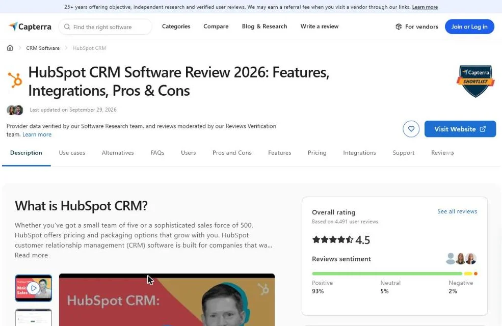Public Capterra product profile for HubSpot CRM with overall rating, number of reviews and pricing information
