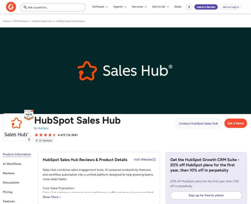 Public G2 product profile for HubSpot Sales Hub with star rating, number of reviews and category placement