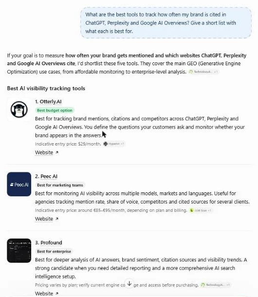 ChatGPT answer on 17 October 2026 to the prompt about the best tools to track brand citations in ChatGPT, Perplexity and Google AI Overviews: 1. Otterly.AI, best budget option; 2. Peec AI, best for marketing teams; 3. Profound, best for enterprise.