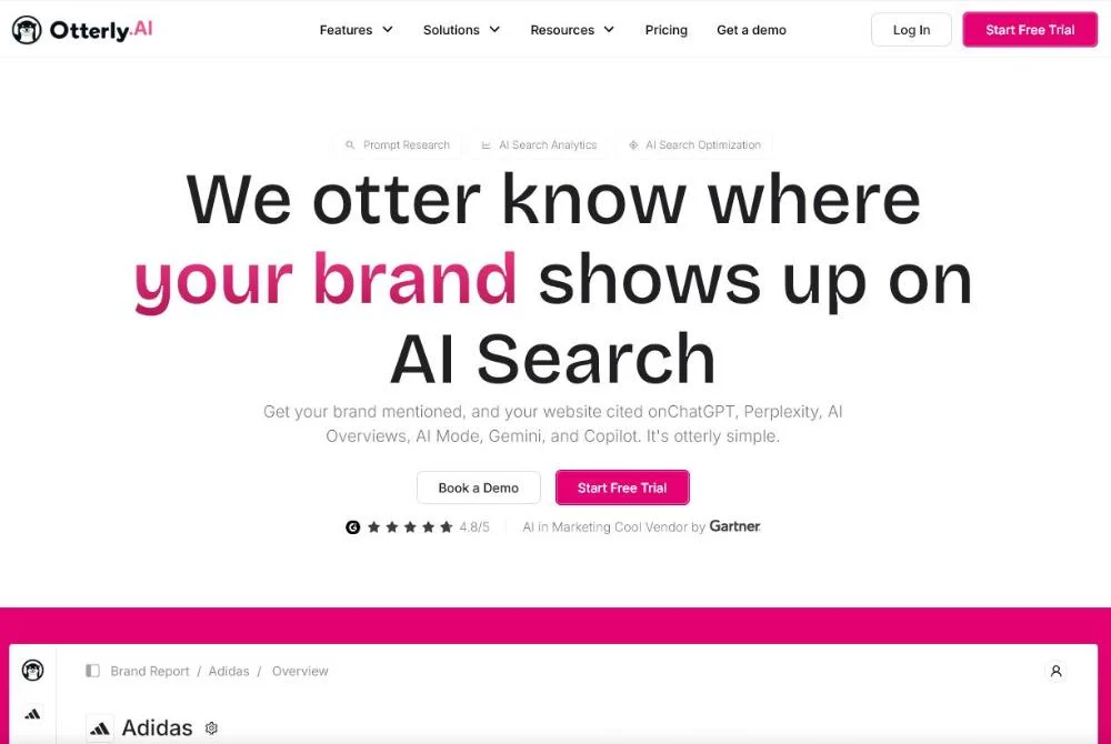 Otterly.AI homepage: tracks brand mentions and website citations in ChatGPT, Perplexity, Google AI Overviews, AI Mode, Gemini and Copilot, with a Gartner Cool Vendor badge and a 4.8 out of 5 rating.