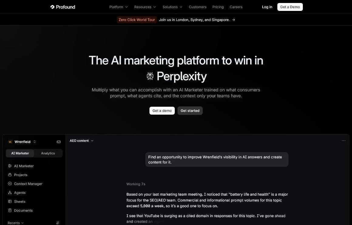 Profound homepage: the AI marketing platform, with a demo of its AI Marketer agent that proposes work and asks for approval.