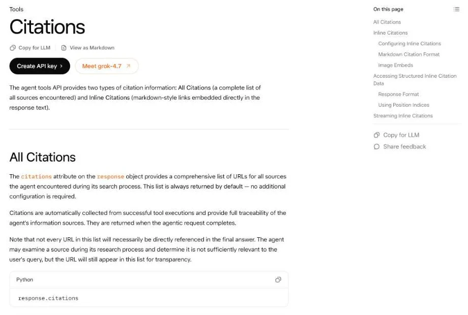 xAI citations documentation example in which the list of sources mixes web page URLs and x.com status URLs.