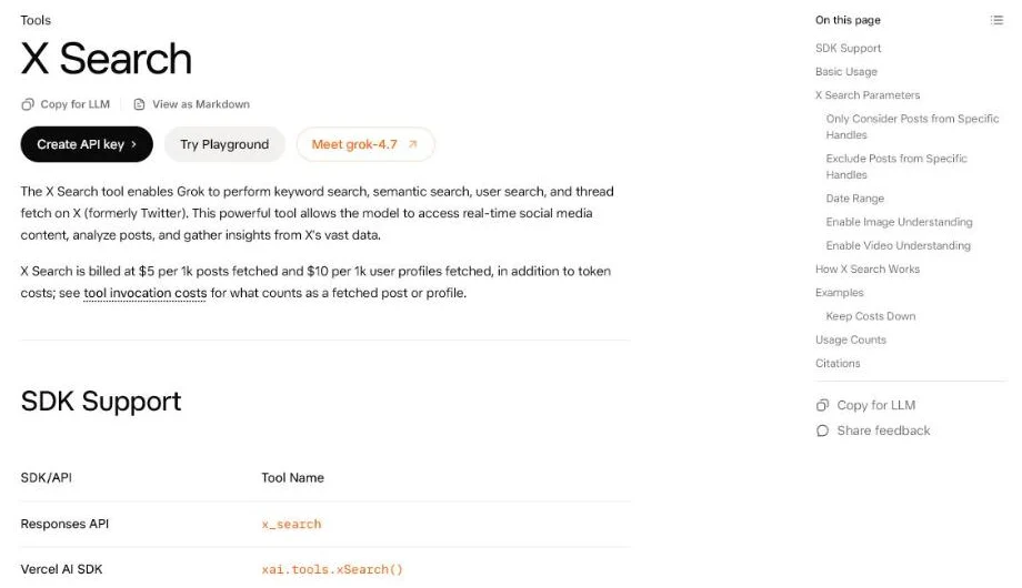 xAI documentation for the X Search tool listing four search types: keyword search, semantic search, user search and thread fetch.