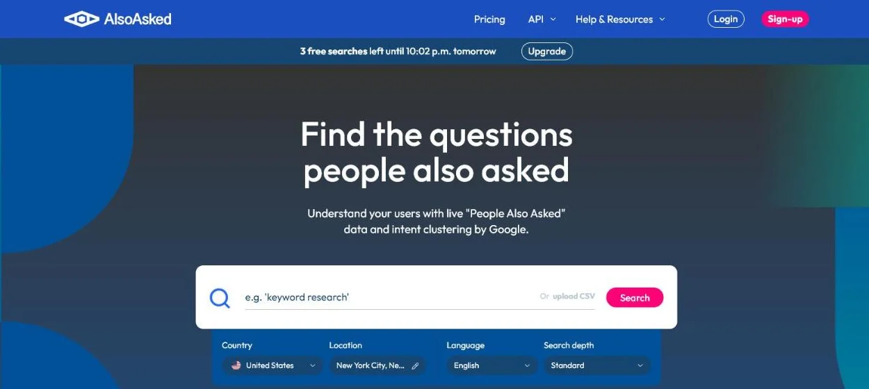 AlsoAsked homepage showing how People Also Ask questions branch into related questions