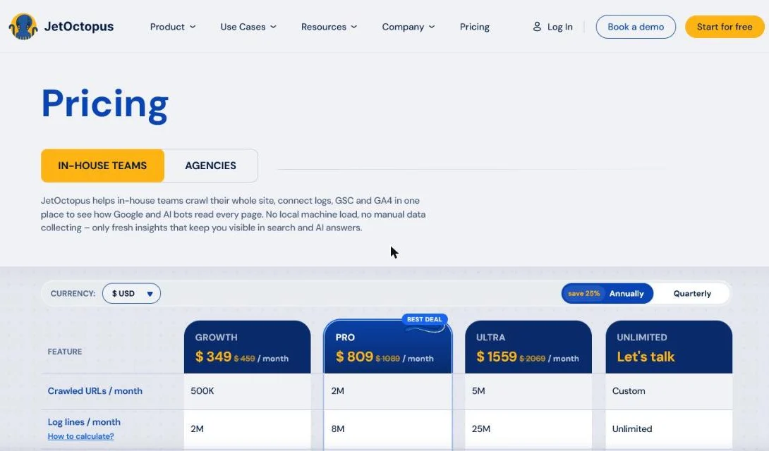 JetOctopus pricing page with the Growth, Pro and Ultra plans and the number of log lines per month included in each