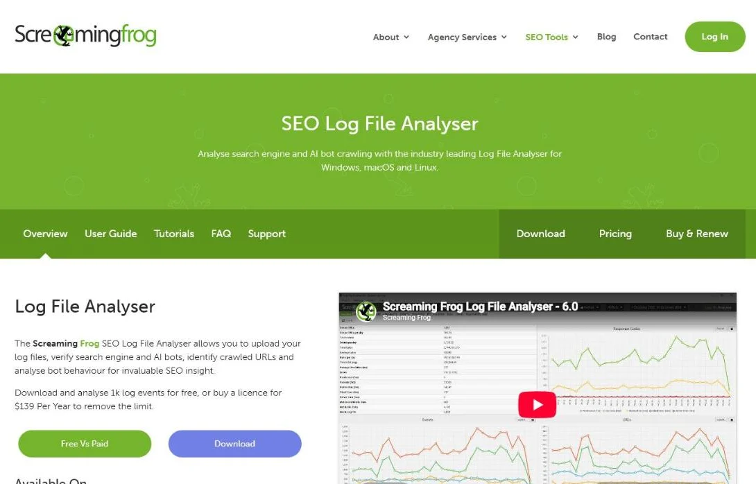 Screaming Frog Log File Analyser product page showing the log analysis dashboard with crawled URLs, response codes and bot events