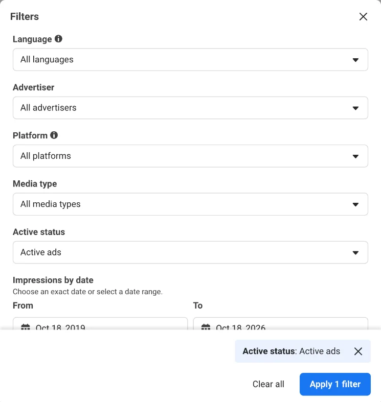 Filterpaneel van de Meta Ad Library: taal, adverteerder, platform, mediatype, actieve status en periode van vertoningen