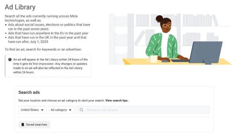 Startpagina van de Meta Ad Library met de landkeuze, de categorie Alle advertenties en het zoekveld, handig om B2B-advertenties op Facebook en Instagram te bekijken