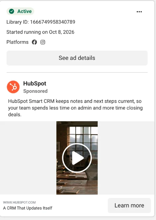 Advertentiekaart van HubSpot in de Meta Ad Library: status Actief, gestart op 8 oktober 2026, op Facebook en Instagram, een voorbeeld van een B2B-merk dat Meta ads inzet
