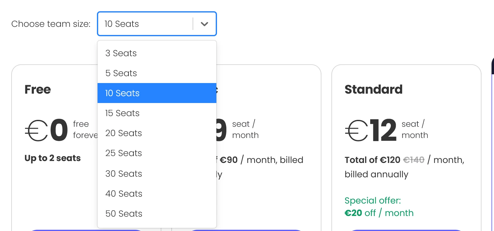 De seat-keuzelijst van monday.com met stappen van 3, 5, 10, 15, 20, 25, 30, 40, 50, 100 en 200+ seats