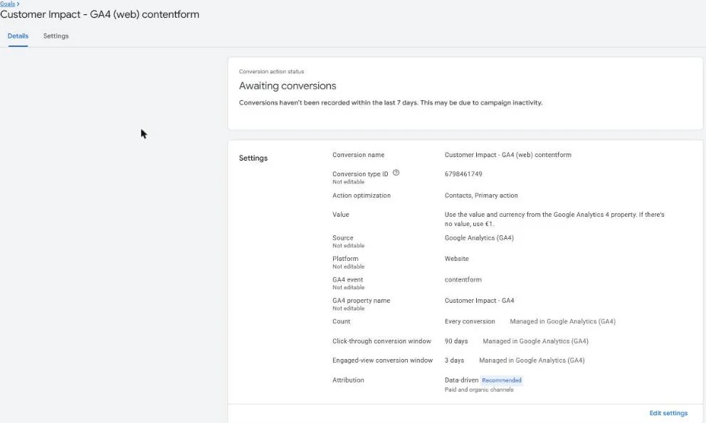 Settings of the GA4 contact form conversion action in our Google Ads account, with Action optimization set to Contacts, Primary action, data-driven attribution and a 90-day click-through window