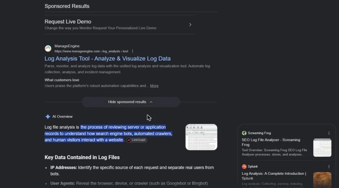 Google search results in the United States for log file analysis showing the top ranking pages