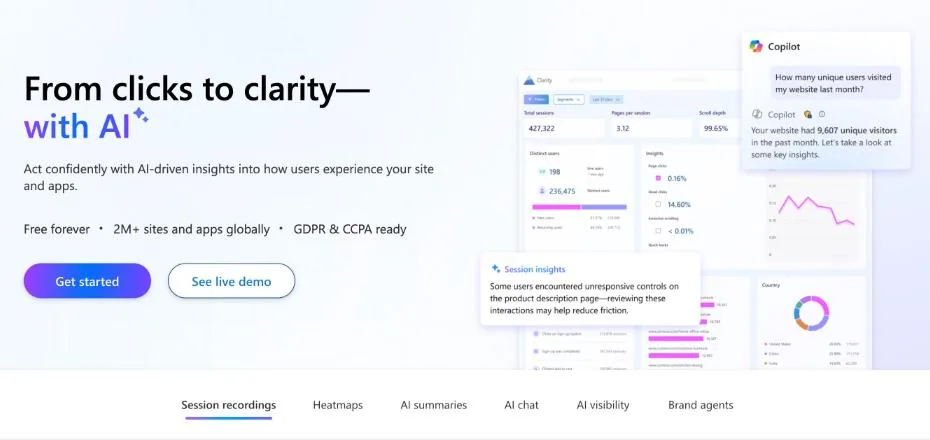 Startpagina van Microsoft Clarity, de gratis tool voor heatmaps en sessie-opnames