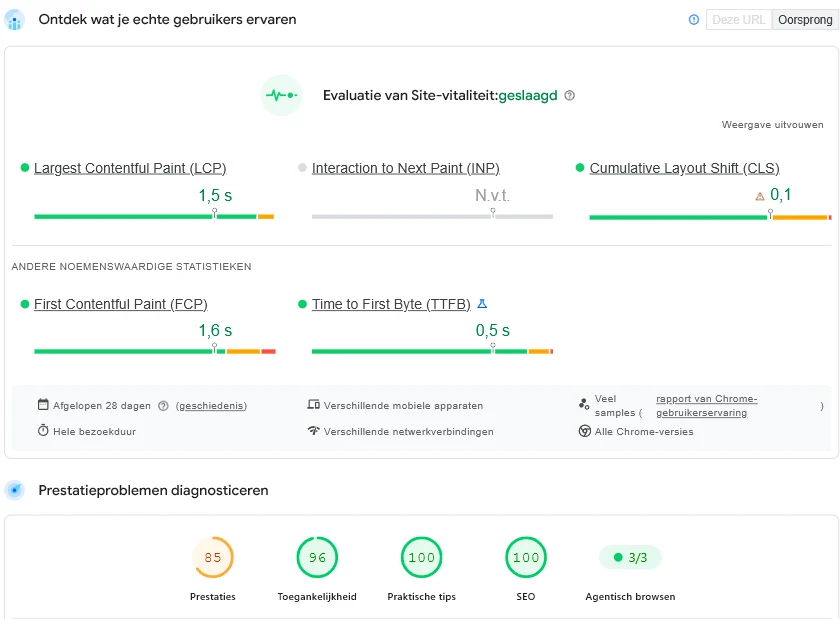 Core Web Vitals en Lighthouse-scores van customerimpact.be