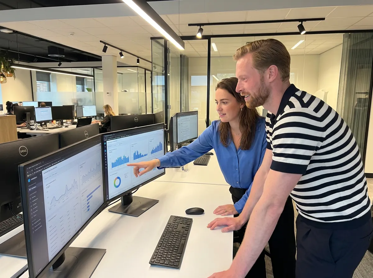 Twee collega’s bekijken een dashboard op kantoor